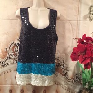 Ombré Sequin Tank Top XXL Studio Y Navy Aqua White